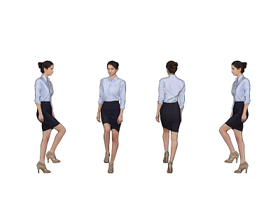 Woman in Light Blue Shirt Black Skirt with High Heels and Updo Hair from Different Angles 3d model