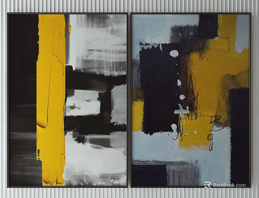 Modern Abstract Two Panel Wall Art With Yellow Black White Tones 3d model