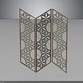Modern Three Panel Folding Screen With Copper Frame Geometric Pattern Glass Panels And Gold Accents 3d model