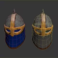 Medieval Helmets With Spiked Top Metal Shell Orange Stripes Blue Fabric And Chainmail Face Guards
