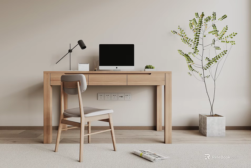 Modern Wooden Desk With Chair Table Lamp Computer Small Plant Large Potted Tree And Rug 3d model 