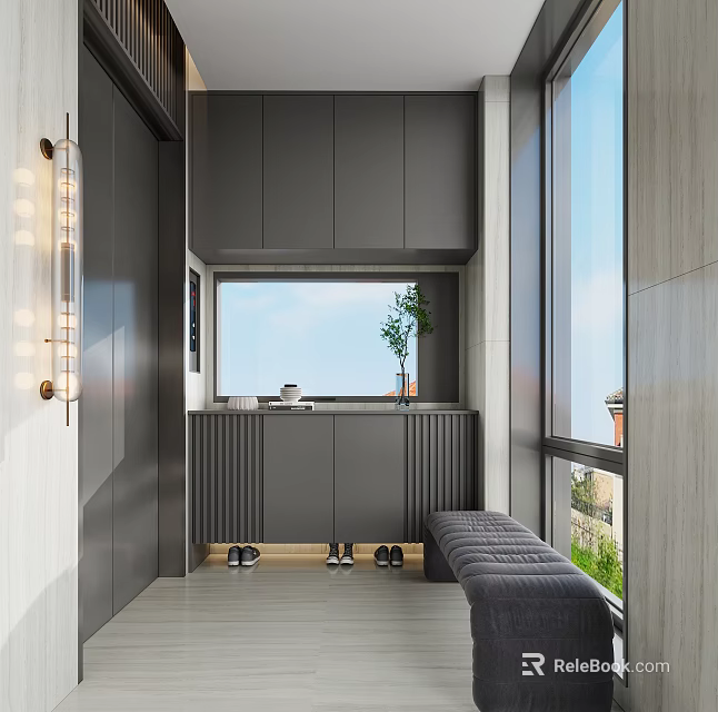 Modern Entryway Design With Gray Cabinets Bench Lighting And Large Window 3d model