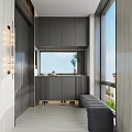 Modern Entryway Design With Gray Cabinets Bench Lighting And Large Window 3d model