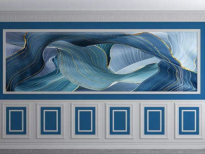 Blue And White Wavy Pattern Background Wall With Golden Lines And Blue Border Rectangular Panels 3d model