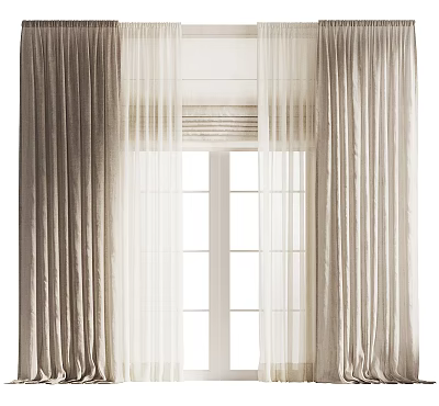 Double Layer Curtains With Sheer And Opaque Panels In Neutral Tones For Window Decoration 3d model