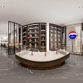 Elegant Front Desk Reception Interior With Purple Walls Curved Design Decorative Plant And Marble Floor