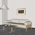 Modern Two Seater Sofa with Beige Fabric Wooden Legs Glass Coffee Table and Woven Pendant Light