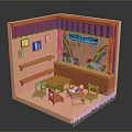 Handmade Teaching Corner Scene With Red Curtains Wall Paintings Rainbow Backdrop Tables And Chairs