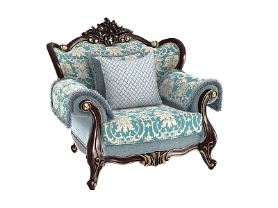 Single Sofa With Ornate Carved Wooden Frame Blue White Floral Upholstery And Gray Diamond Pillow 3d model