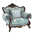 Single Sofa With Ornate Carved Wooden Frame Blue White Floral Upholstery And Gray Diamond Pillow