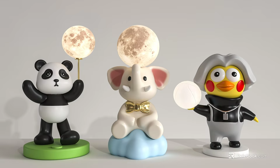 Cartoon Animal Shaped Table Lamps With Panda Elephant Penguin Designs And Moon Light Globe 3d model 