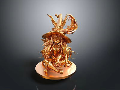 Golden Decorative Figurine As Lifestyle Product With Hat Wearing Character Sitting On Round Base 3d model