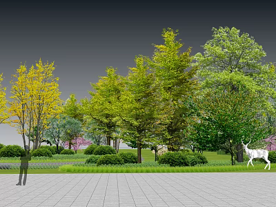 Colorful Trees Green Shrubs Pink Flowers In Garden With Lawn White Deer Paved Path 3d model