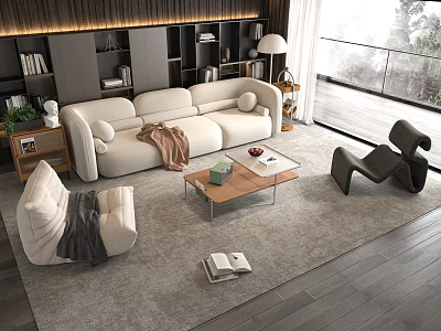 Modern Living Room Interior With Beige Fabric Sofa And Wooden Coffee Table Set 3d model