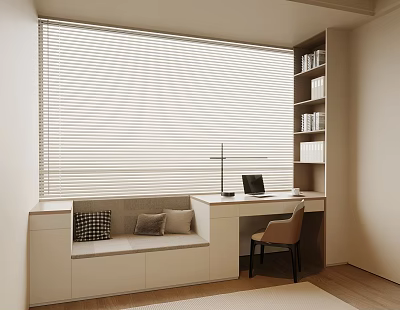 Cozy Window Seat With Blinds Cushions Desk Laptop Bookshelf And Chair 3d model