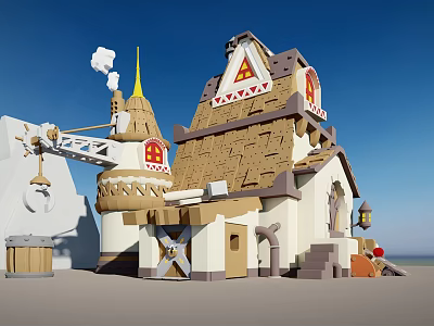 Cartoon Scene of Building with Straw Roof Pointed Spire Red Decorated Windows Crane and Lantern 3d model