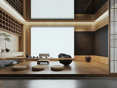 Traditional Japanese Tea Room with Wooden Floor Low Table Cushions Tea Sets and Potted Plant 3d model