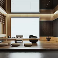 Traditional Japanese Tea Room with Wooden Floor Low Table Cushions Tea Sets and Potted Plant