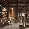 Traditional Chinese Teahouse Interior With Wooden Furniture Lattice Windows And Tea Sets Landscape Painting