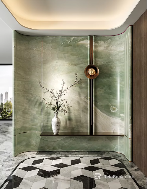 Modern Elegant Entryway With Green Marble Wall White Vase Branches And Wall Light 3d model