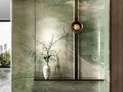 Modern Elegant Entryway With Green Marble Wall White Vase Branches And Wall Light 3d model