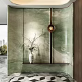 Modern Elegant Entryway With Green Marble Wall White Vase Branches And Wall Light 3d model