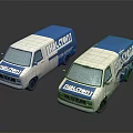Two Blue And White HALCON Vans With Cracked Windshields On Reflective Surface 3d model