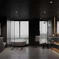 Modern Luxury Bedroom with Black Wall Large Bed Floor-to-Ceiling Window Wardrobe Carpet and Bedside Lamp