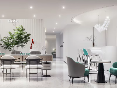 Modern Beauty Hair Salon Interior With Comfortable Chairs Green Plants And Chandelier 3d model