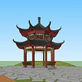 Traditional Chinese style Pavilion Surrounded by Green Trees With People Walking On Stone Pavement