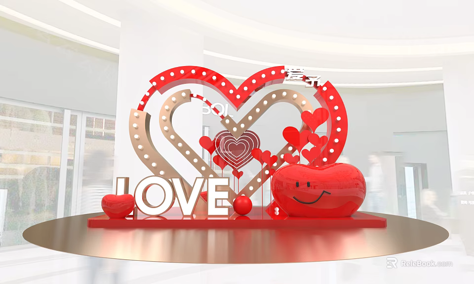 Red Heart Shaped Decorative Display With LOVE Lettering And Smiling Face Ornament 3d model 