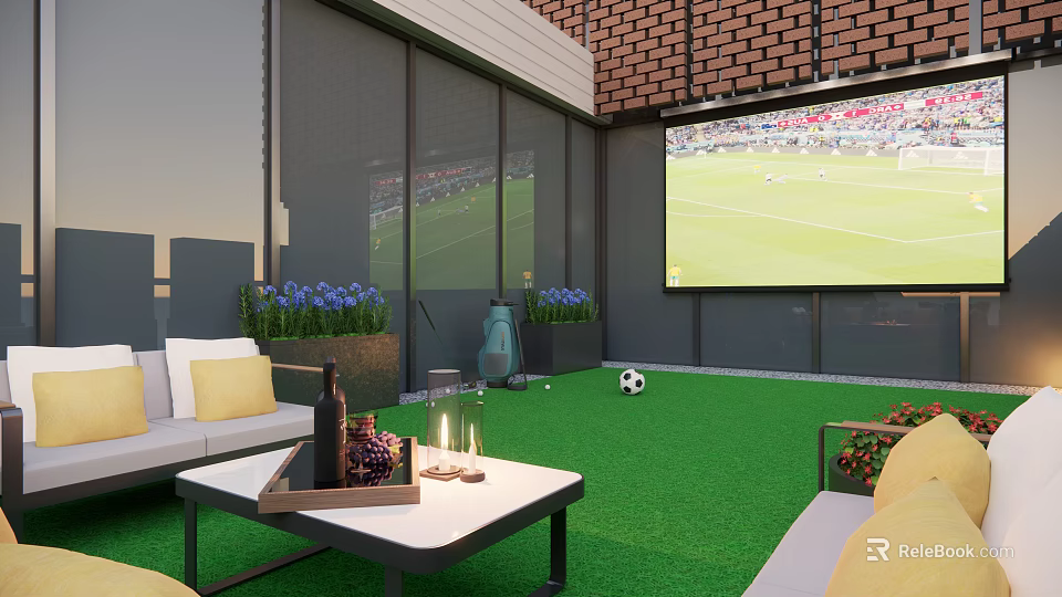 Rooftop Garden With Green Lawn Outdoor Sofa Large Screen Football Match Brick Wall Blue Flowers 3d model