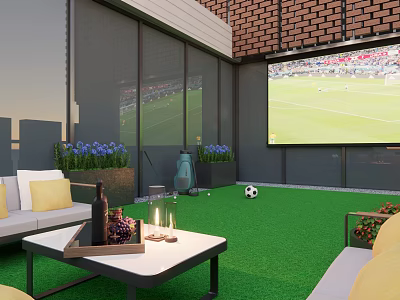 Rooftop Garden With Green Lawn Outdoor Sofa Large Screen Football Match Brick Wall Blue Flowers 3d model