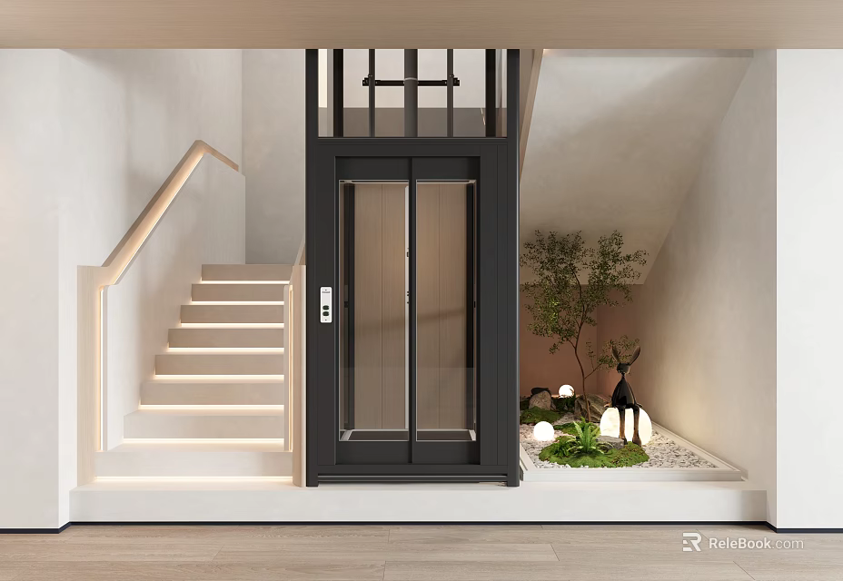 Modern Interior Design With Glass Elevator Staircase Warm Lighting And Green Plants 3d model 