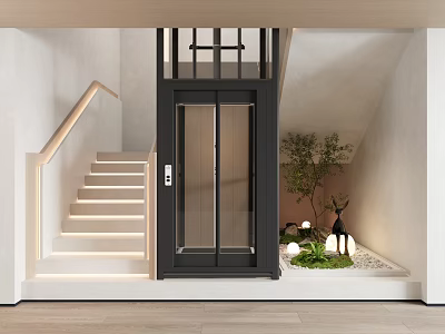 Modern Interior Design With Glass Elevator Staircase Warm Lighting And Green Plants 3d model