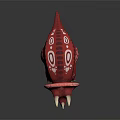 Game Movie Character Red Triceratops With White Spots And Horned Head In Cartoon Fantasy Style
