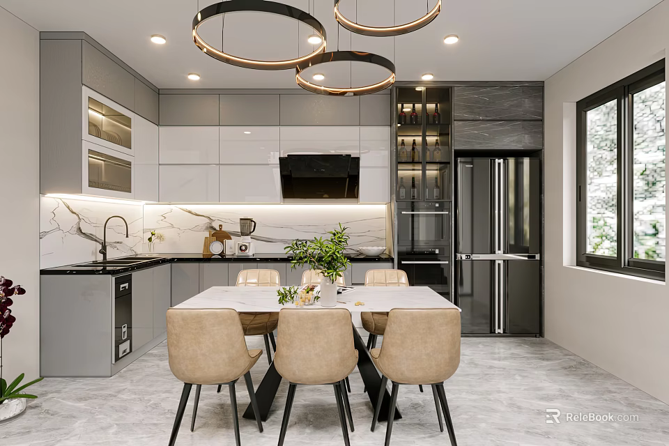 Modern Restaurant Interior With Dining Table Chairs Marble Counter And Pendant Lights 3d model