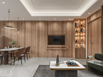 Modern Dining Living Room Interior With Wooden Walls Marble Flooring And Green Sofa 3d model