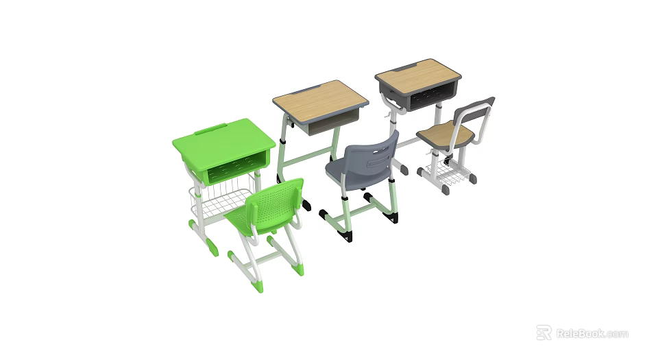 Green Gray Brown School Desks And Chairs With Storage Shelves And Wheels 3d model 