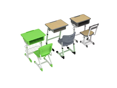 Green Gray Brown School Desks And Chairs With Storage Shelves And Wheels 3d model