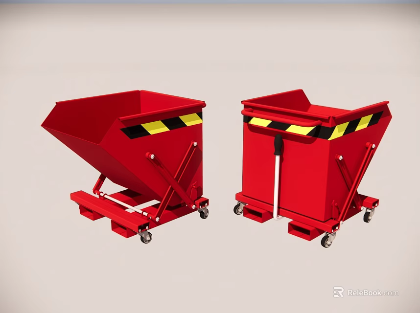 Industrial Red Dump Carts With Wheels And Yellow Black Warning Stripes Design 3d model