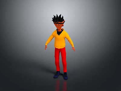 3D Cartoon Character With Spiky Black Hair Glasses Yellow Shirt Red Pants Blue Shoes 3d model
