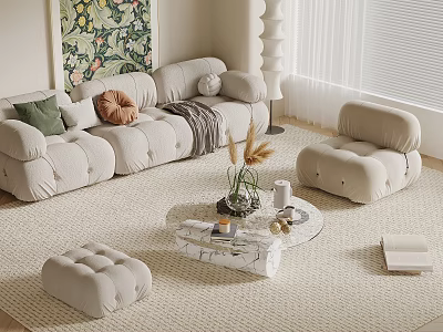 Cozy Modern Living Room With Beige Sofa Armchair Ottoman And Marble Coffee Table 3d model
