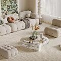 Cozy Modern Living Room With Beige Sofa Armchair Ottoman And Marble Coffee Table