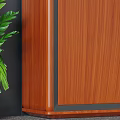 Modern Office Desk With Ergonomic Chair Wooden Bookshelf Featuring Books Decorative Items And Potted Plant