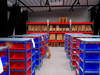 Warehouse Interior With Red And Blue Metal Storage Shelves Arranged In Rows 3d model