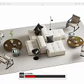 Modern White Upholstered Sofa and Round Coffee Table Set with Armchairs and Green Plants