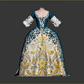 Blue And White Historical Gown With Gold Floral Embroidery Details