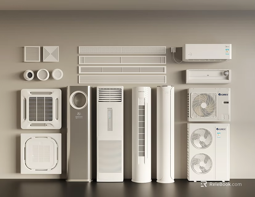 Various Types of Air Conditioners and Fans Including Different Models on Display Collection 3d model 