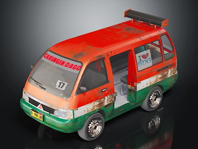 Orange and Green Car With Caribbean Dago Love Bye Sticker Black Roof Rack Open Door And Silver Wheels 3d model